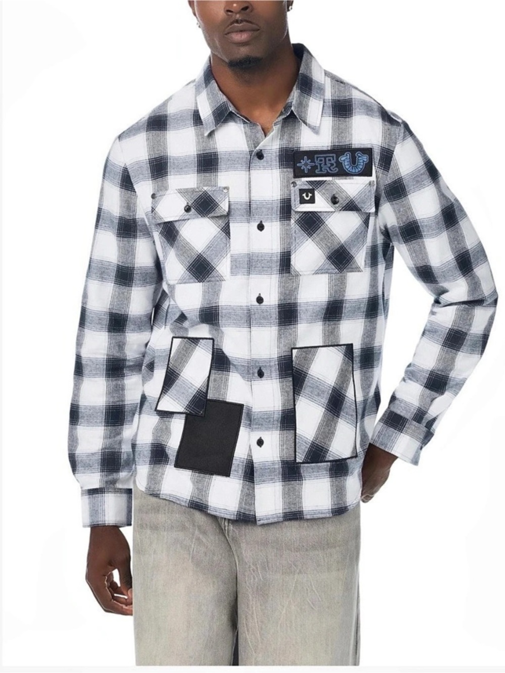 True Religion Color Wash Plaid LS Applique Shirt Black & White XL NWT